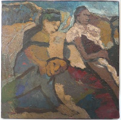 une peinture à l'huile représentant deux femmes et un chien dans un champ