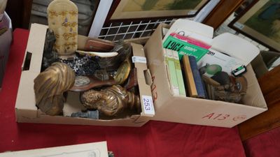 une boîte remplie d'objets divers posée sur une table rouge