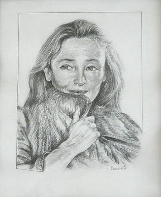 pencil drawing of a woman in a fur coat with her hand on her chest