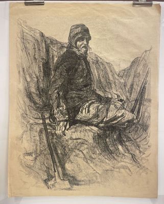 drawing of an old man sitting on a chair with a stick