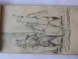 an old book with a drawing of a man and a woman on the beach