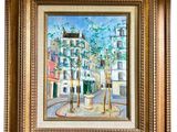 peinture à l'huile d'une scène de rue avec des bâtiments et des arbres