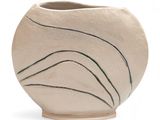 a white vase with black lines on it on a white surface