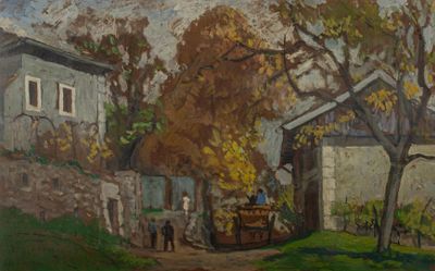 a painting of a farm scene with a horse drawn carriage