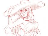 un dessin représentant une femme coiffée d'un grand chapeau et tenant une baguette magique