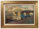 an oil painting of a bridge over a river with a person sitting on a bench