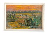 painting of horses running in a field with a sunset in the background