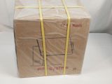 a cardboard box with a yellow ribbon wrapped around it