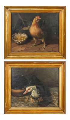 deux tableaux représentant des poulets et un canard dans une grange