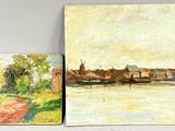 trois tableaux représentant une rivière et une ville, posés sur une étagère