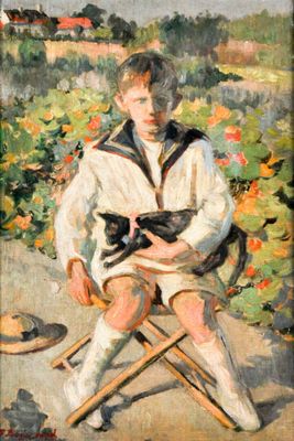painting of a boy sitting in a chair holding a cat