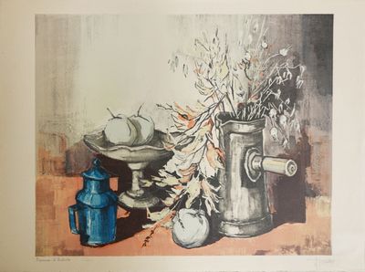 a painting of a blue vase and a blue vase on a table