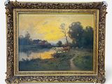 an oil painting of a landscape with a river in the foreground