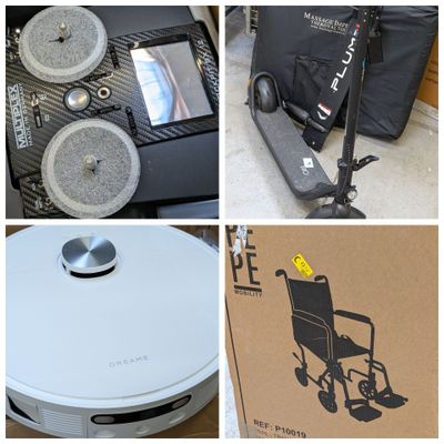 plusieurs photos représentant divers objets, notamment une chaise, un ordinateur portable, un aspirateur et un sac