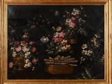 painting of a still life of flowers and fruit in a gold frame