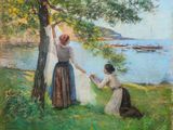 an oil painting of two women hanging laundry on a clothes line