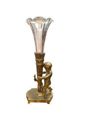 SOLIFLORE en bronze doré et verre soufflé à décor de putto r…
