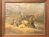 a picture of a painting of a man with dogs and horses