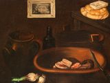 a painting of a bowl of food on a table