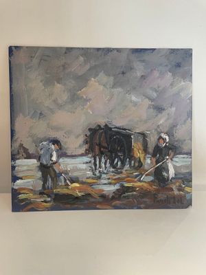tableau représentant deux hommes labourant un champ, avec des chevaux en arrière-plan