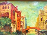a painting of a bridge over a canal with buildings in the background