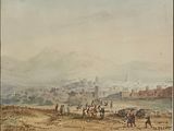 painting of a view of a city with a mountain in the background