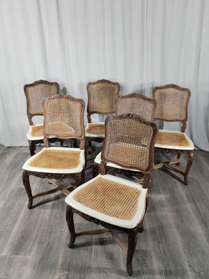 six chaises anciennes françaises à dossier en rotin, avec des coussins de dossier en rotin