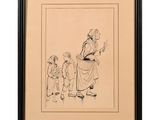 a black and white drawing of a woman and two children