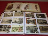 an open book on a red cloth covered table with pictures of buildings
