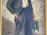 un vieux tableau représentant un homme debout devant un mur