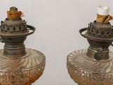 pair of antique cut glass oil lamps with metal bases