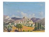 an image of a painting of a small town on a hill