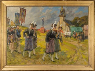 an oil painting of a group of people walking down a dirt road