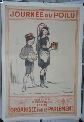 une affiche représentant un garçon et une fille tenant un panier de fruits