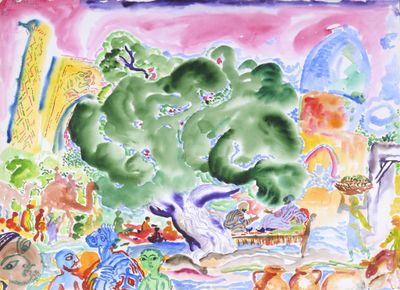 une aquarelle représentant un arbre au milieu d'un parc