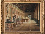 an image of a painting of a large room with many tables and chairs