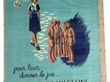 affiche française représentant une femme accompagnant un groupe d'enfants sur une plage