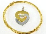 a close up of a gold and silver heart pendant on a wire