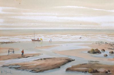 une peinture de personnes sur la plage au bord de l'eau