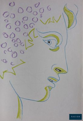 dessin représentant le visage d'une femme d'où jaillissent de nombreuses bulles au niveau des cheveux