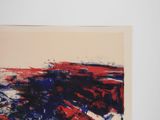abstract painting of red, white, and blue on a beige background