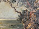 an image of a painting of a tree on a cliff by the ocean