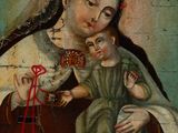 an old painting of a woman holding a baby wearing a crown