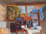 a painting of a room with a table and chairs