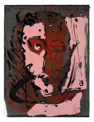 an image of a painting of a man ' s face with red and black paint