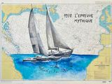 un dessin représentant un voilier sur l'eau, avec une carte en arrière-plan