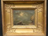 an image of a painting of a landscape in a gold frame on a black background