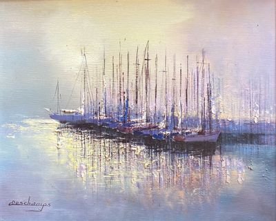 painting of sailboats in a harbor at sunset with a sky background