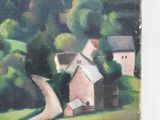 a painting of a house on a hill with trees in the background