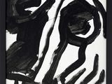 black and white drawing of a dog ' s face in a black frame